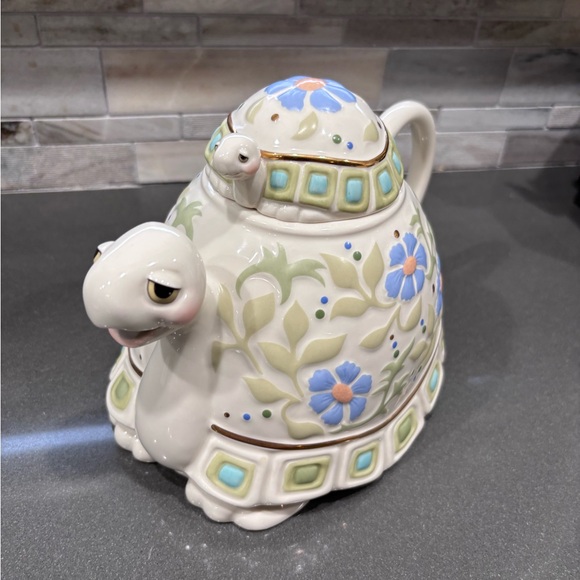 Lenox teatime Turtle Teapot with Blue and Green Floral Design. Discontinued